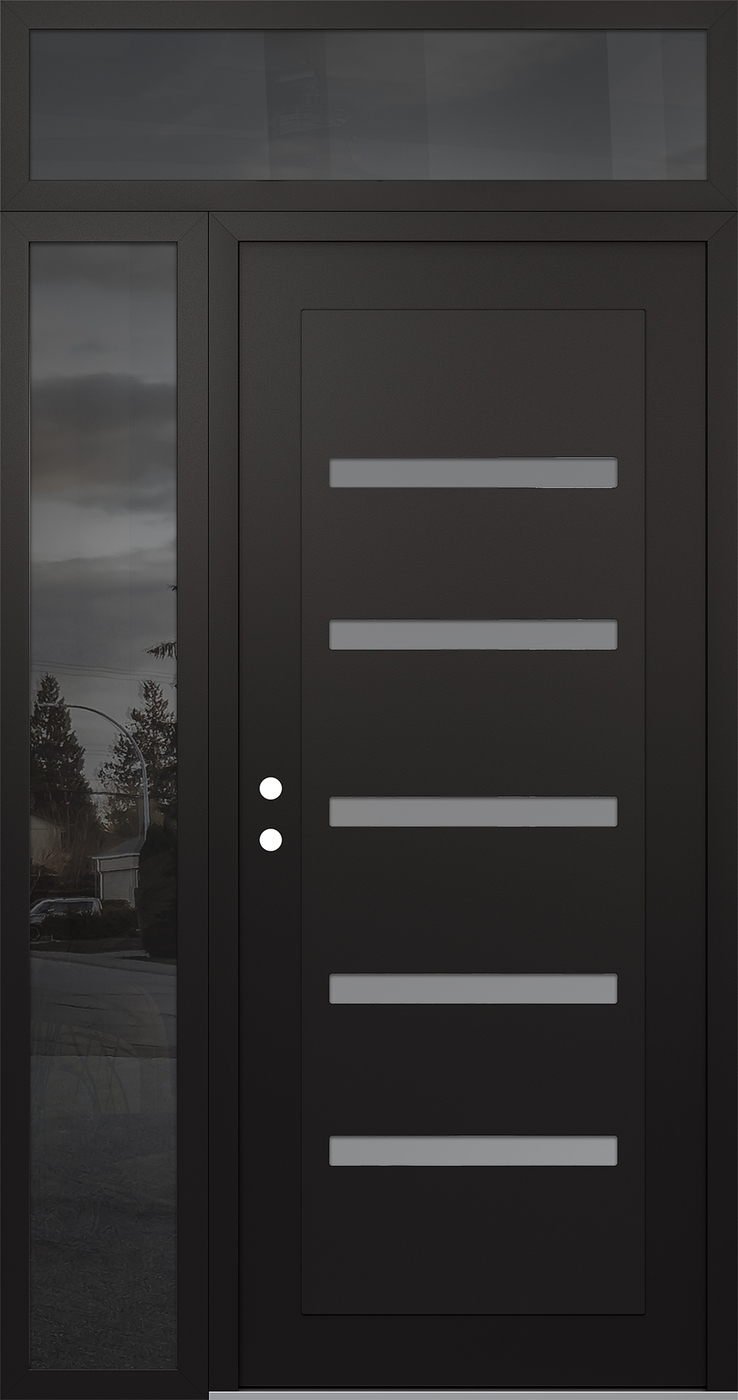 Modern Steel Front Door Diamond C7 50" x 96" black/white frosted Glass Panel black RHI with Sidelite and Transom mirrored Glass