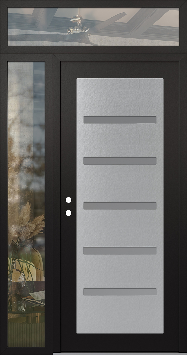 Modern Steel Front Door Diamond C7 50" x 96" black/white frosted Glass Panel stainless steel RHI with Sidelite and Transom clear Glass