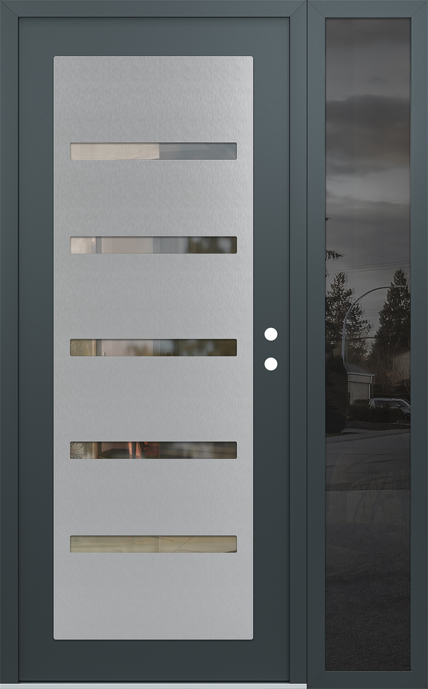 Modern Steel Front Door Diamond C7 52" x 80" anthracite/anthracite clear Glass Panel stainless steel LHI with Sidelite mirrored Glass