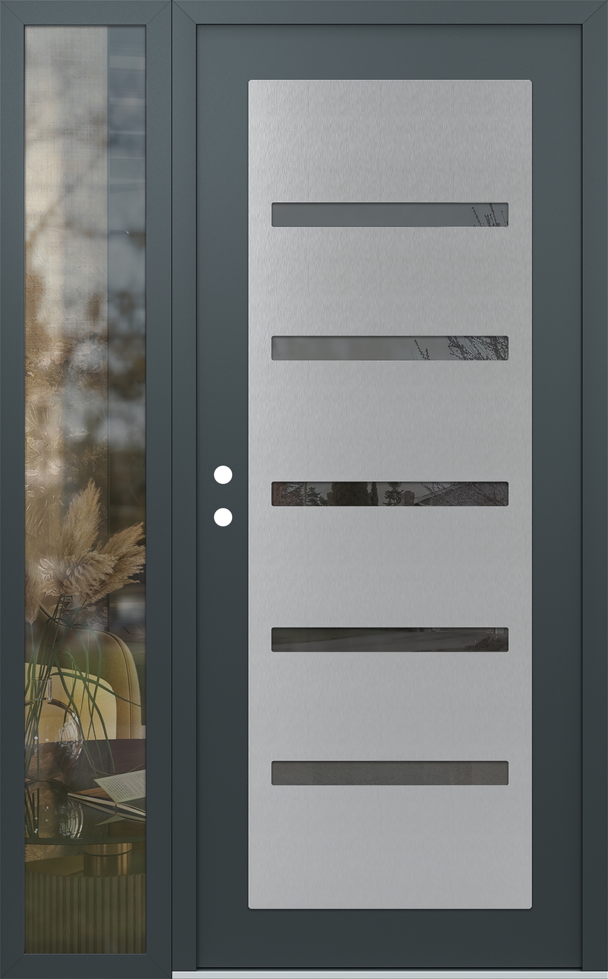 Modern Steel Front Door Diamond C7 52" x 80" anthracite/anthracite mirrored Glass Panel stainless steel RHI with Sidelite clear Glass