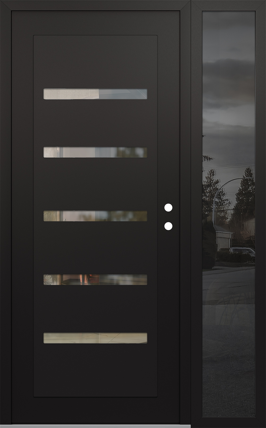 Modern Steel Front Door Diamond C7 52" x 80" black/black clear Glass Panel black LHI with Sidelite mirrored Glass