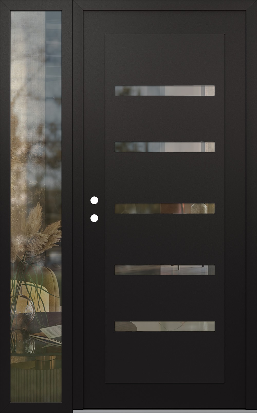 Modern Steel Front Door Diamond C7 52" x 80" black/black clear Glass Panel black RHI with Sidelite clear Glass