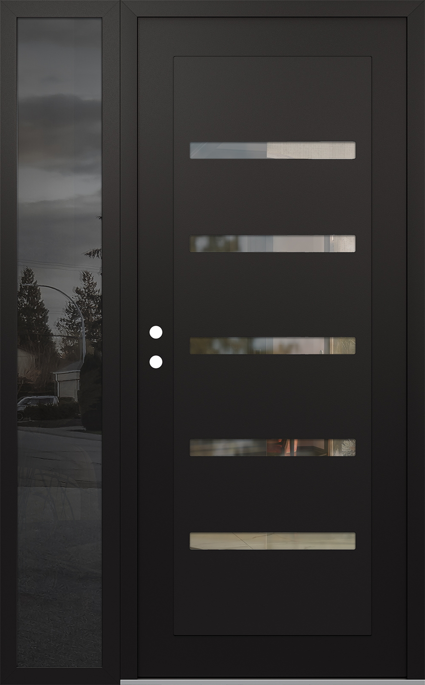 Modern Steel Front Door Diamond C7 52" x 80" black/black clear Glass Panel black RHI with Sidelite mirrored Glass