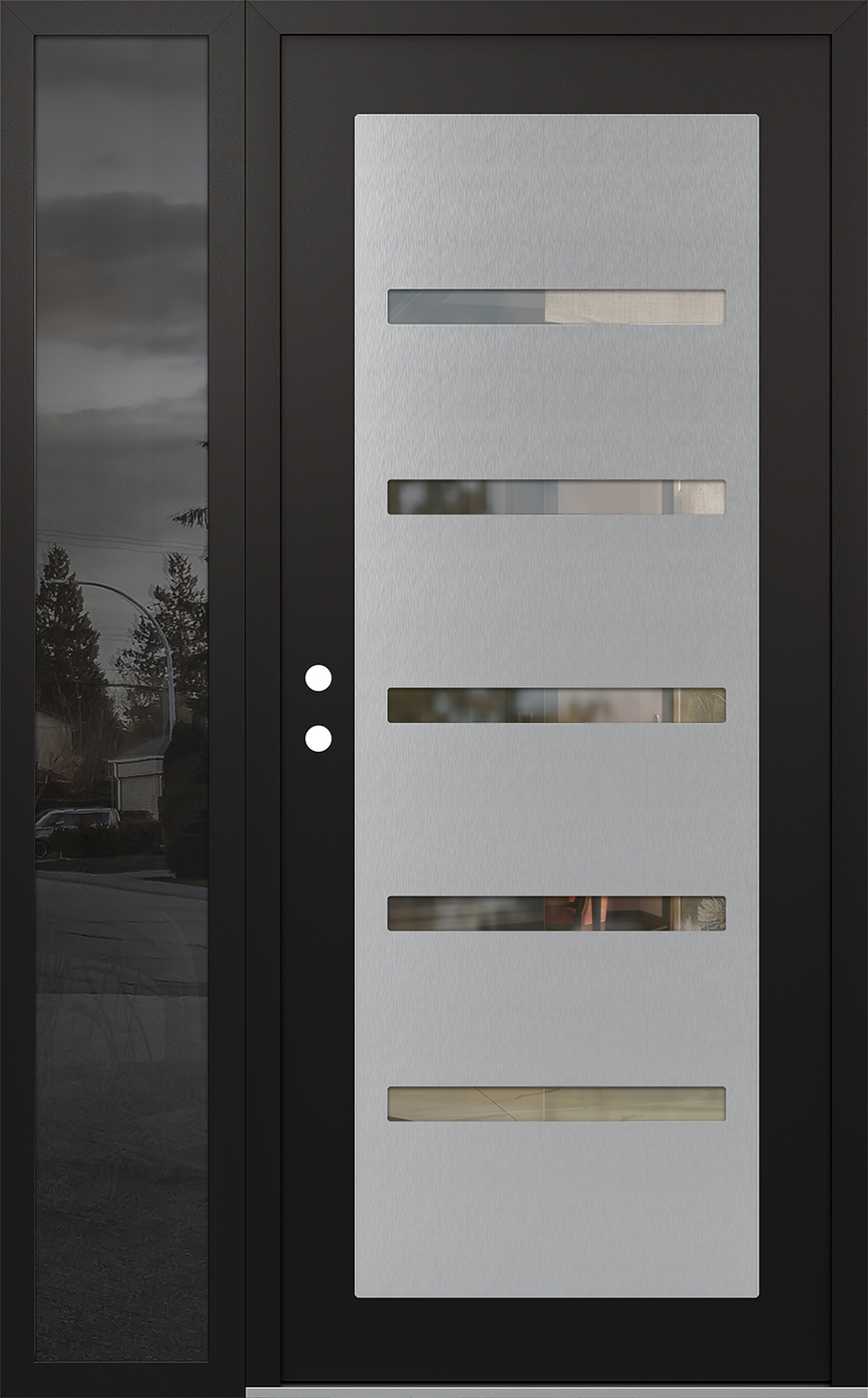 Modern Steel Front Door Diamond C7 52" x 80" black/black clear Glass Panel stainless steel RHI with Sidelite mirrored Glass