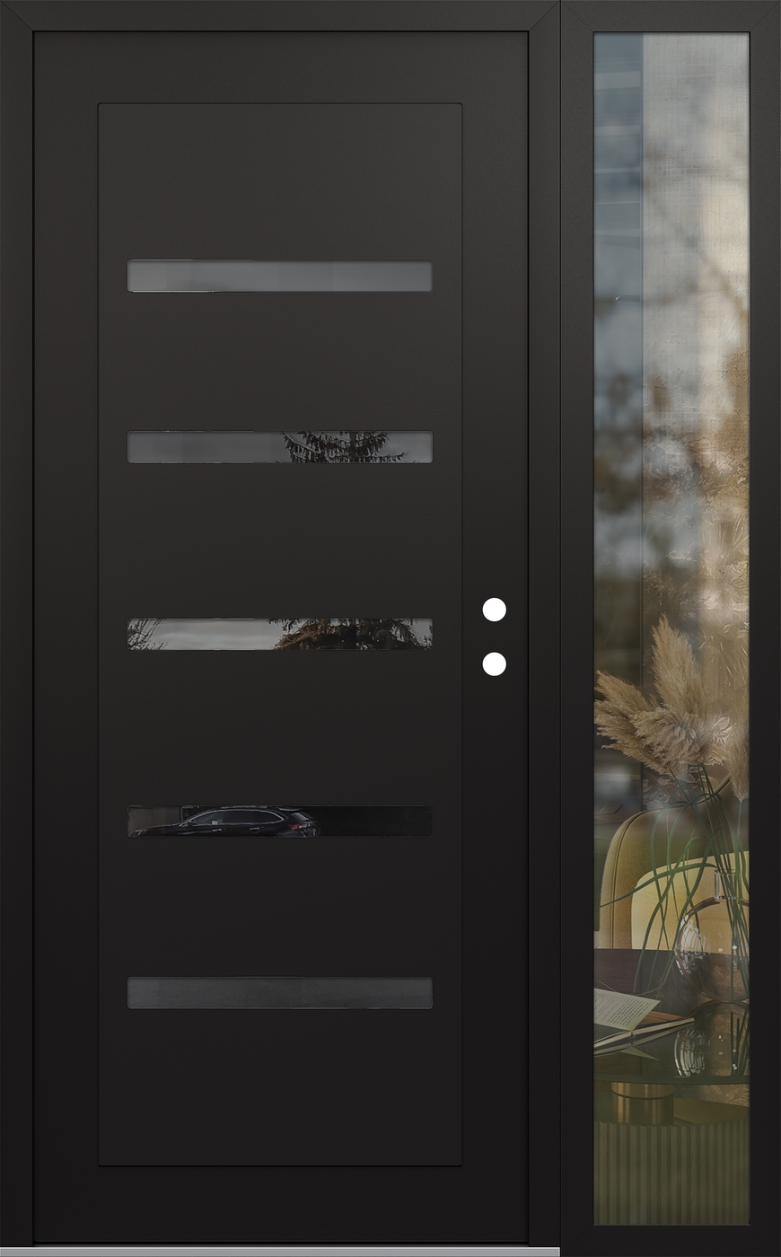 Modern Steel Front Door Diamond C7 52" x 80" black/black mirrored Glass Panel black LHI with Sidelite clear Glass