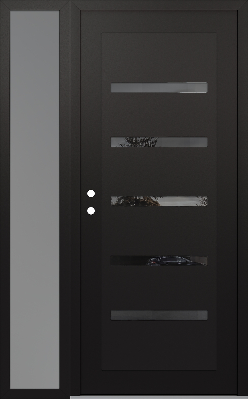 Modern Steel Front Door Diamond C7 52" x 80" black/black mirrored Glass Panel black RHI with Sidelite frosted Glass