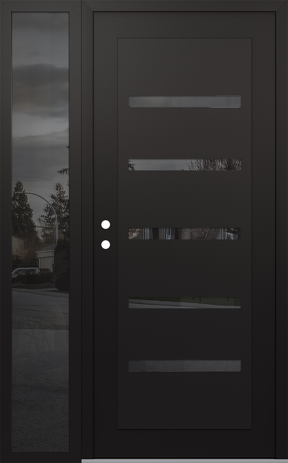 Modern Steel Front Door Diamond C7 52" x 80" black/black mirrored Glass Panel black RHI with Sidelite mirrored Glass
