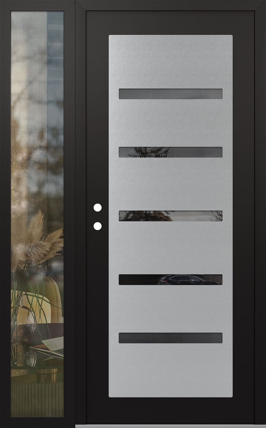 Modern Steel Front Door Diamond C7 52" x 80" black/black mirrored Glass Panel stainless steel RHI with Sidelite clear Glass