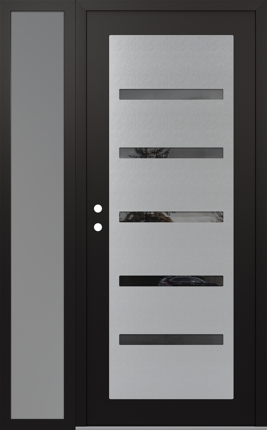 Modern Steel Front Door Diamond C7 52" x 80" black/black mirrored Glass Panel stainless steel RHI with Sidelite frosted Glass