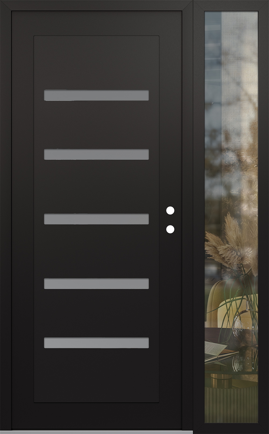 Modern Steel Front Door Diamond C7 52" x 80" black/white frosted Glass Panel black LHI with Sidelite clear Glass