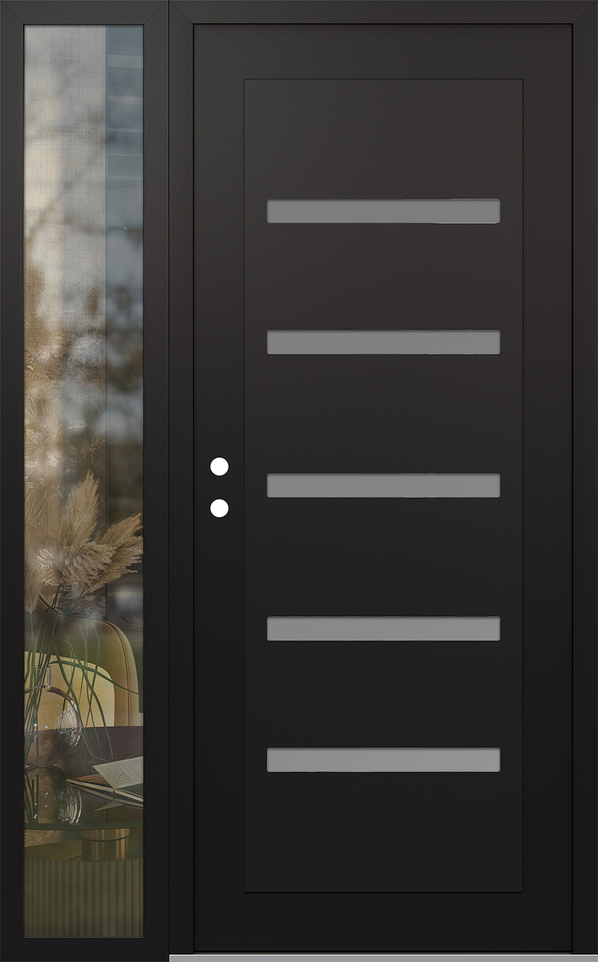 Modern Steel Front Door Diamond C7 52" x 80" black/white frosted Glass Panel black RHI with Sidelite clear Glass
