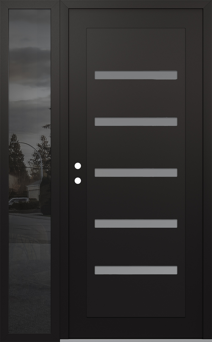 Modern Steel Front Door Diamond C7 52" x 80" black/white frosted Glass Panel black RHI with Sidelite mirrored Glass