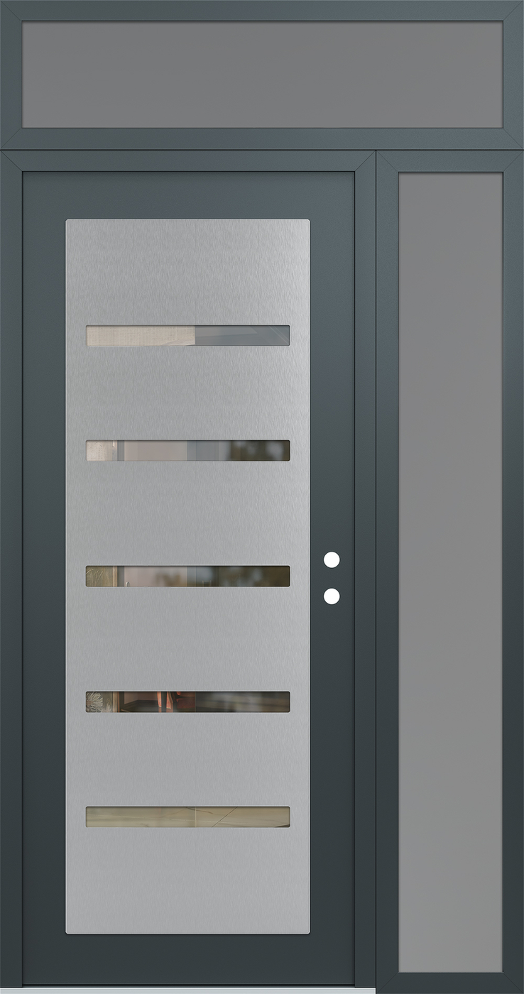 Modern Steel Front Door Diamond C7 52" x 96" anthracite/anthracite clear Glass Panel stainless steel LHI with Sidelite and Transom frosted Glass
