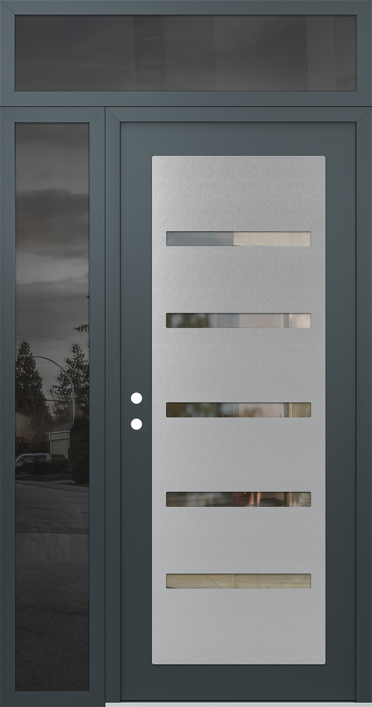 Modern Steel Front Door Diamond C7 52" x 96" anthracite/anthracite clear Glass Panel stainless steel RHI with Sidelite and Transom mirrored Glass