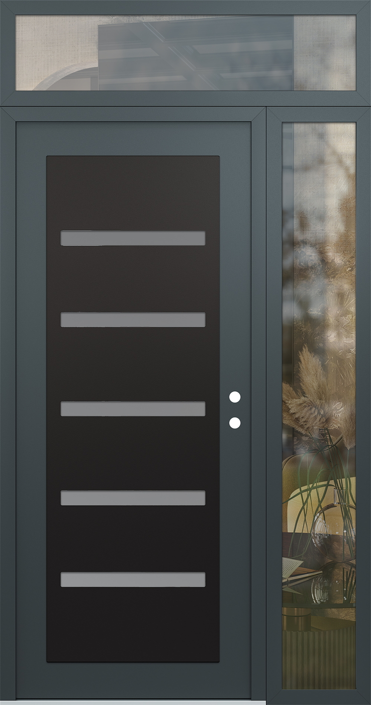 Modern Steel Front Door Diamond C7 52" x 96" anthracite/anthracite frosted Glass Panel black LHI with Sidelite and Transom clear Glass