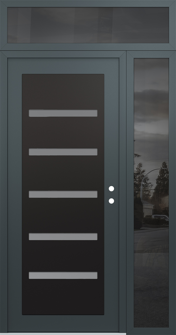 Modern Steel Front Door Diamond C7 52" x 96" anthracite/anthracite frosted Glass Panel black LHI with Sidelite and Transom mirrored Glass