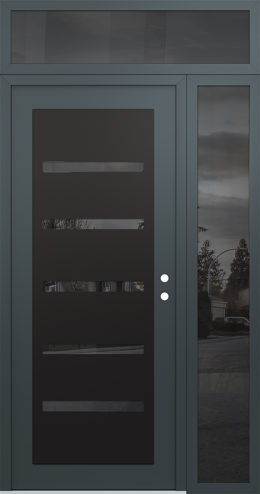 Modern Steel Front Door Diamond C7 52" x 96" anthracite/anthracite mirrored Glass Panel black LHI with Sidelite and Transom mirrored Glass
