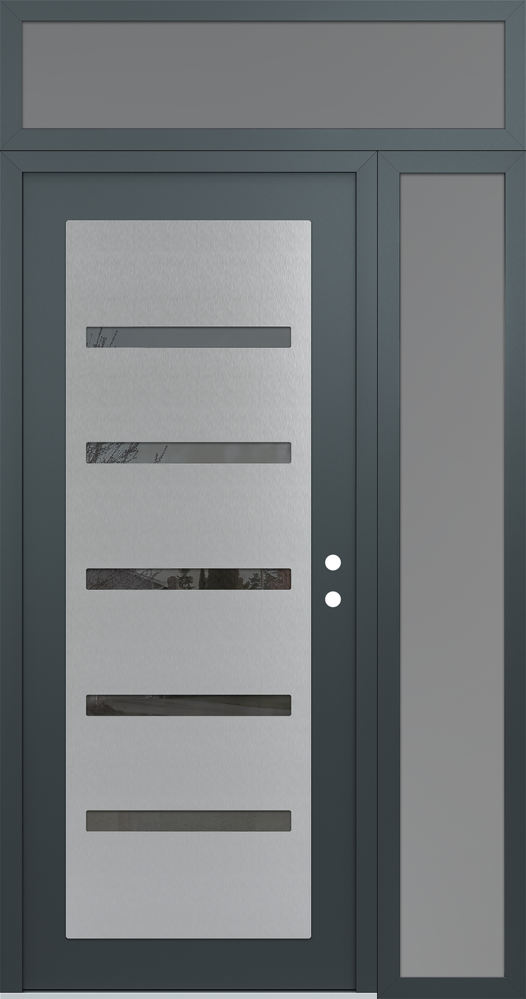 Modern Steel Front Door Diamond C7 52" x 96" anthracite/anthracite mirrored Glass Panel stainless steel LHI with Sidelite and Transom frosted Glass