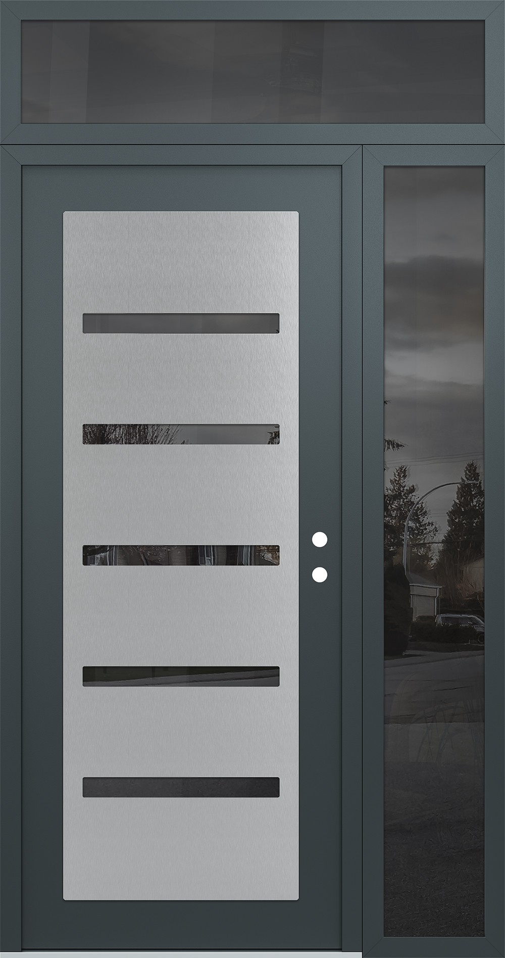 Modern Steel Front Door Diamond C7 52" x 96" anthracite/anthracite mirrored Glass Panel stainless steel LHI with Sidelite and Transom mirrored Glass