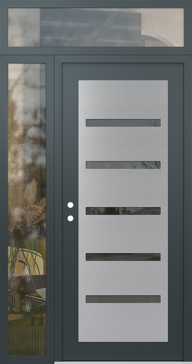 Modern Steel Front Door Diamond C7 52" x 96" anthracite/anthracite mirrored Glass Panel stainless steel RHI with Sidelite and Transom clear Glass