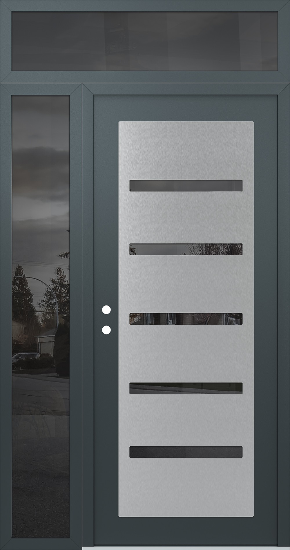 Modern Steel Front Door Diamond C7 52" x 96" anthracite/anthracite mirrored Glass Panel stainless steel RHI with Sidelite and Transom mirrored Glass