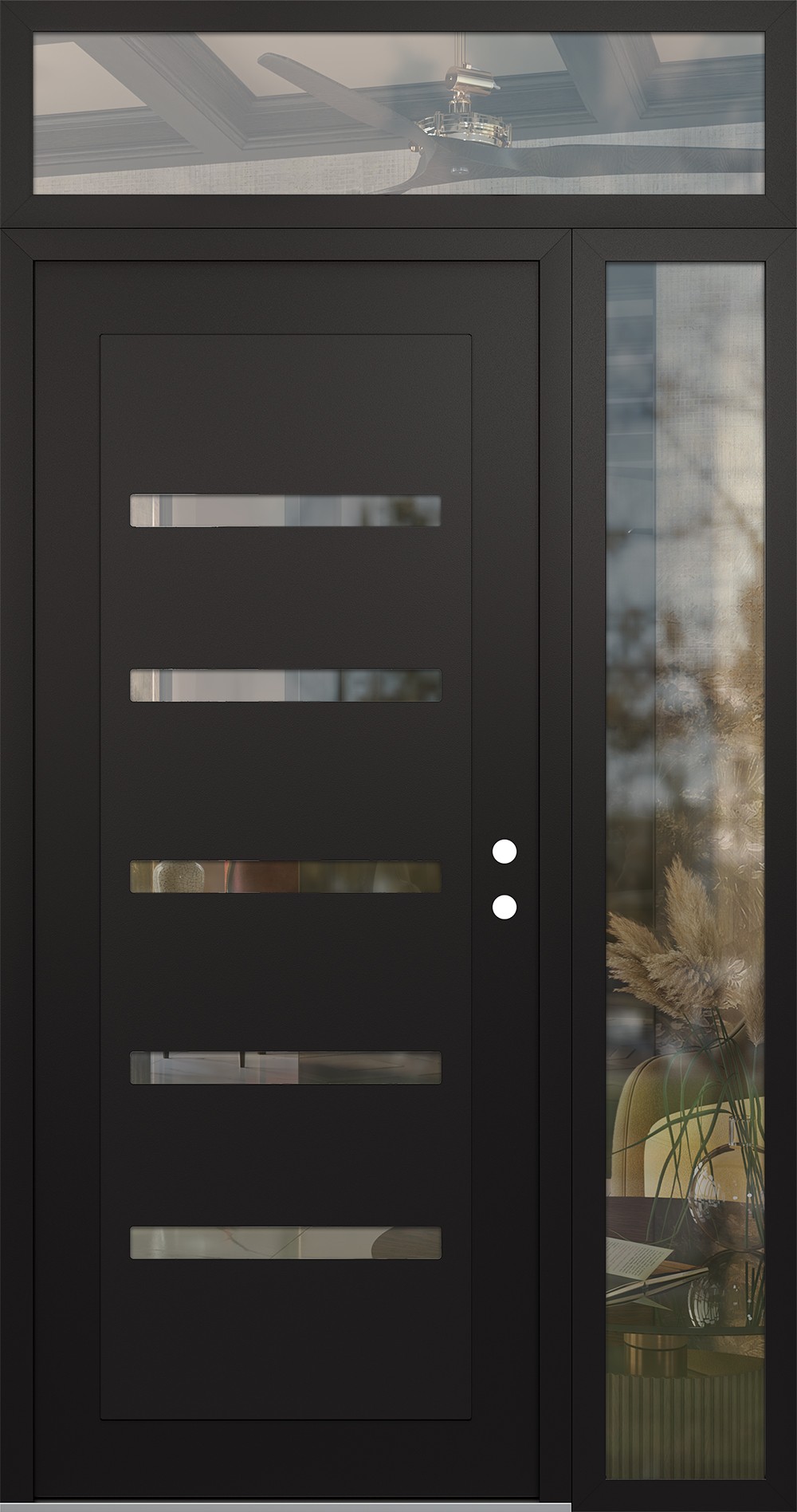 Modern Steel Front Door Diamond C7 52" x 96" black/black clear Glass Panel black LHI with Sidelite and Transom clear Glass