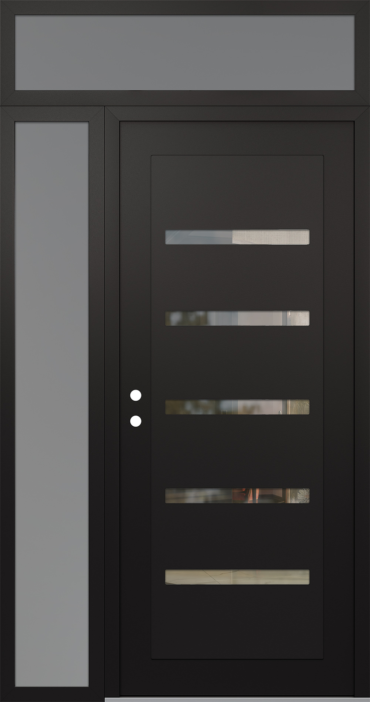 Modern Steel Front Door Diamond C7 52" x 96" black/black clear Glass Panel black RHI with Sidelite and Transom frosted Glass