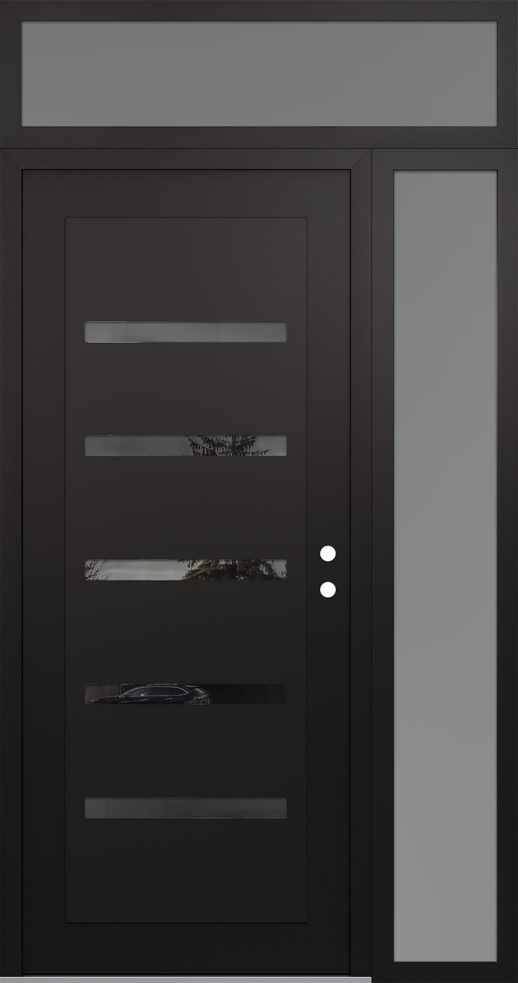 Modern Steel Front Door Diamond C7 52" x 96" black/black mirrored Glass Panel black LHI with Sidelite and Transom frosted Glass
