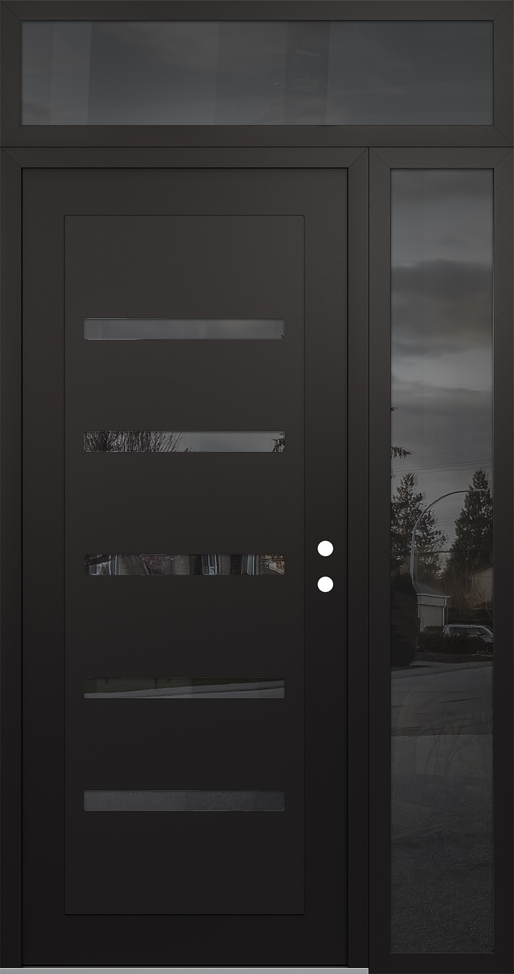 Modern Steel Front Door Diamond C7 52" x 96" black/black mirrored Glass Panel black LHI with Sidelite and Transom mirrored Glass