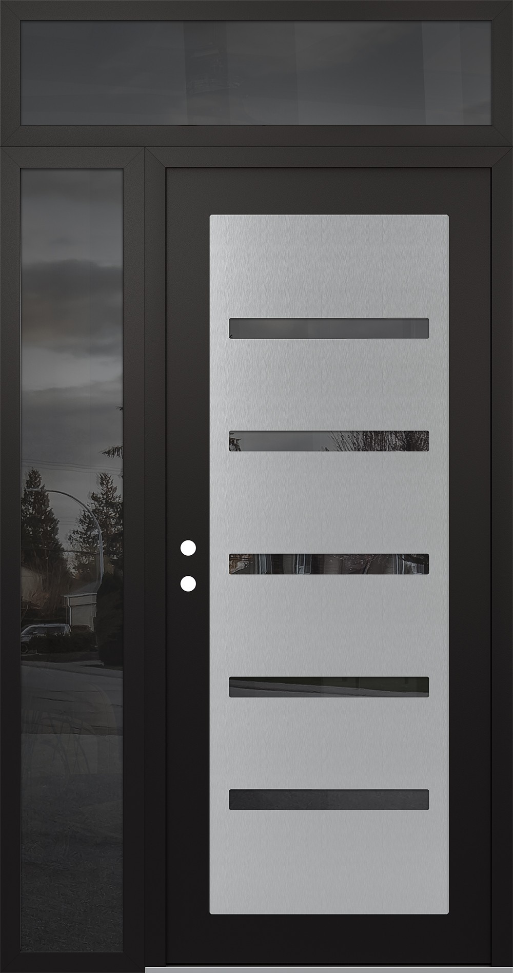 Modern Steel Front Door Diamond C7 52" x 96" black/black mirrored Glass Panel stainless steel RHI with Sidelite and Transom mirrored Glass