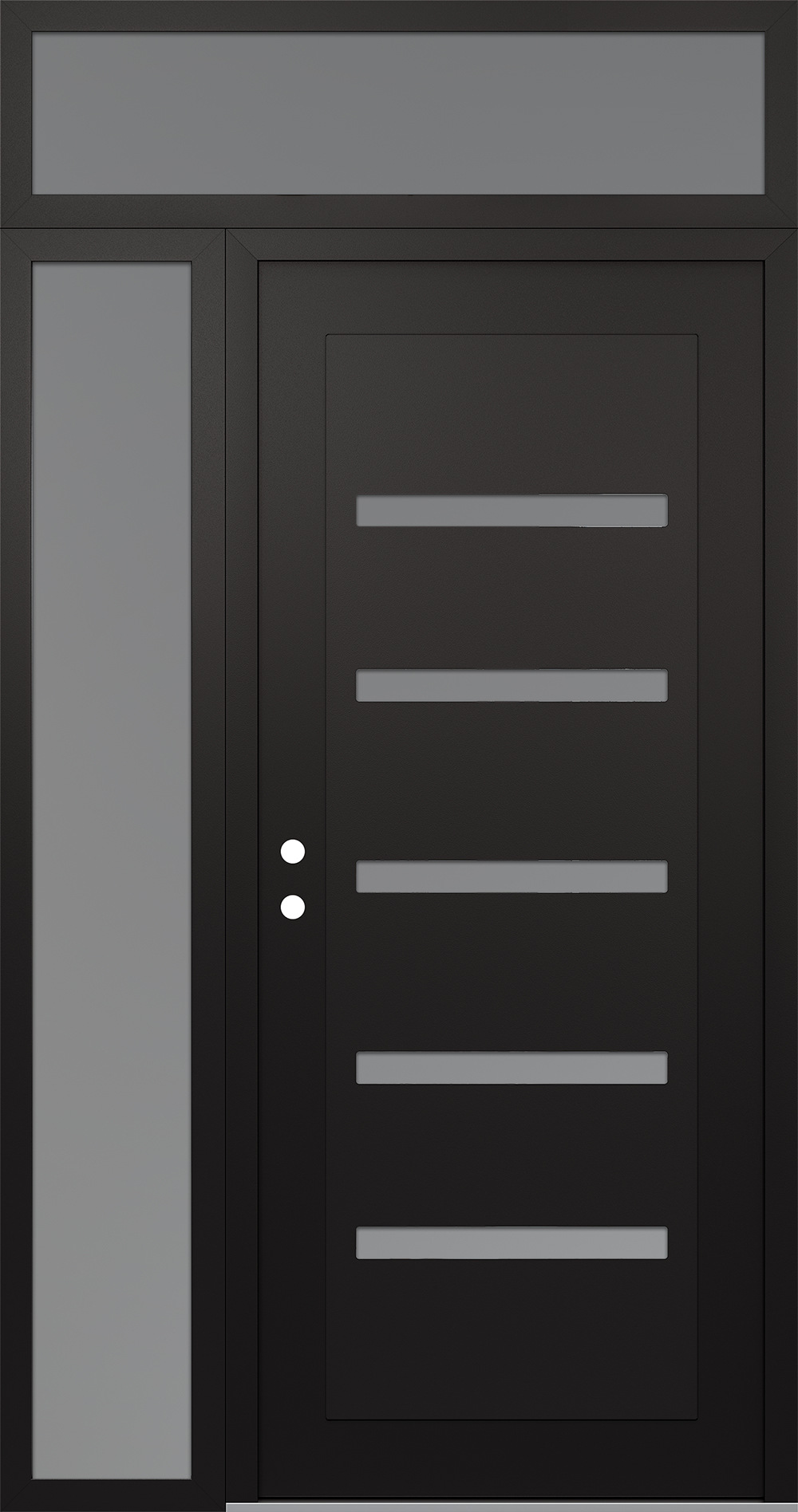 Modern Steel Front Door Diamond C7 52" x 96" black/white frosted Glass Panel black RHI with Sidelite and Transom frosted Glass