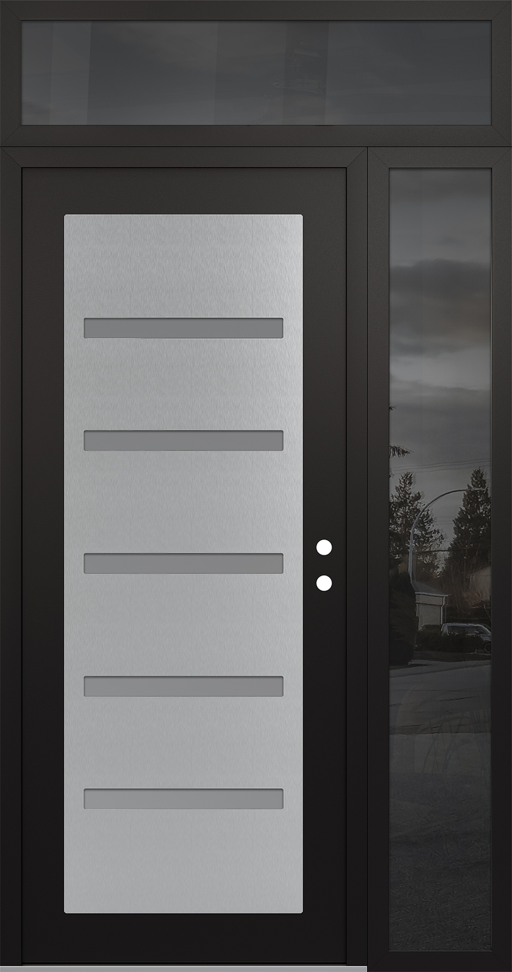 Modern Steel Front Door Diamond C7 52" x 96" black/white frosted Glass Panel stainless steel LHI with Sidelite and Transom mirrored Glass