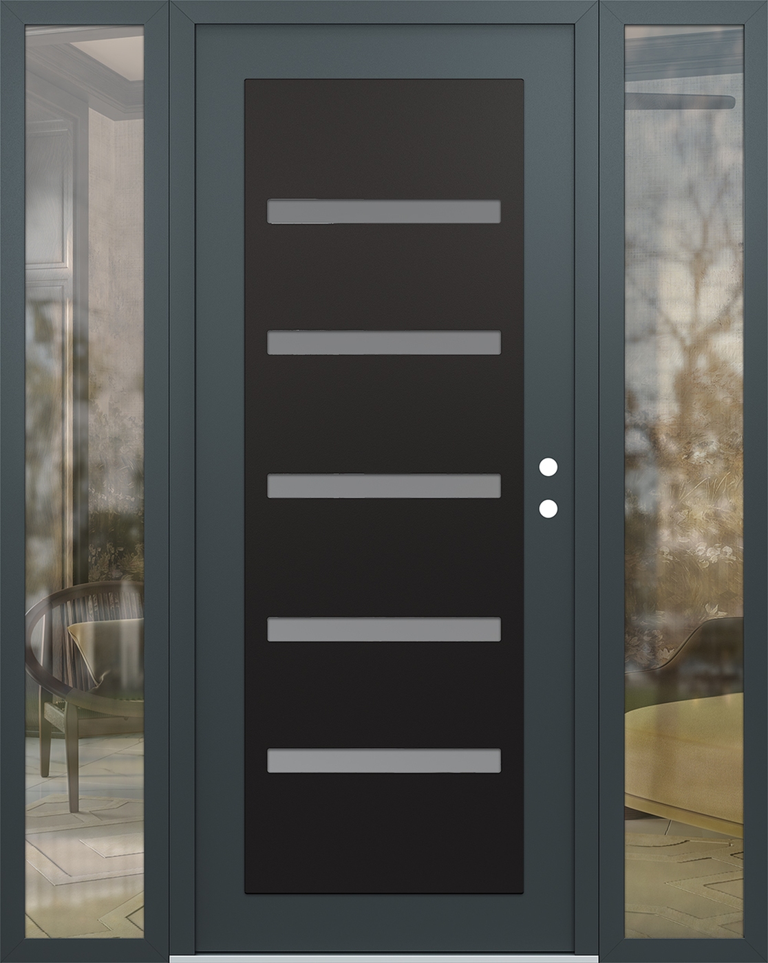 Modern Steel Front Door Diamond C7 60" x 80" anthracite/anthracite frosted Glass Panel black LHI with 2 Sidelites clear Glass