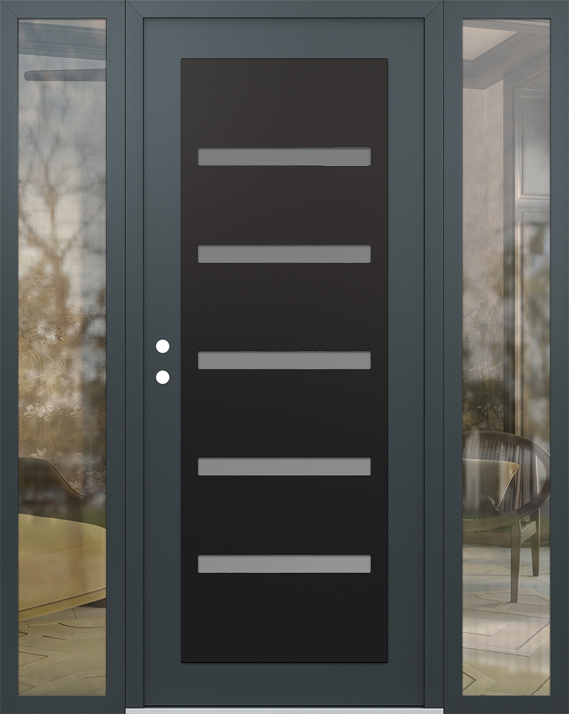 Modern Steel Front Door Diamond C7 60" x 80" anthracite/anthracite frosted Glass Panel black RHI with 2 Sidelites clear Glass