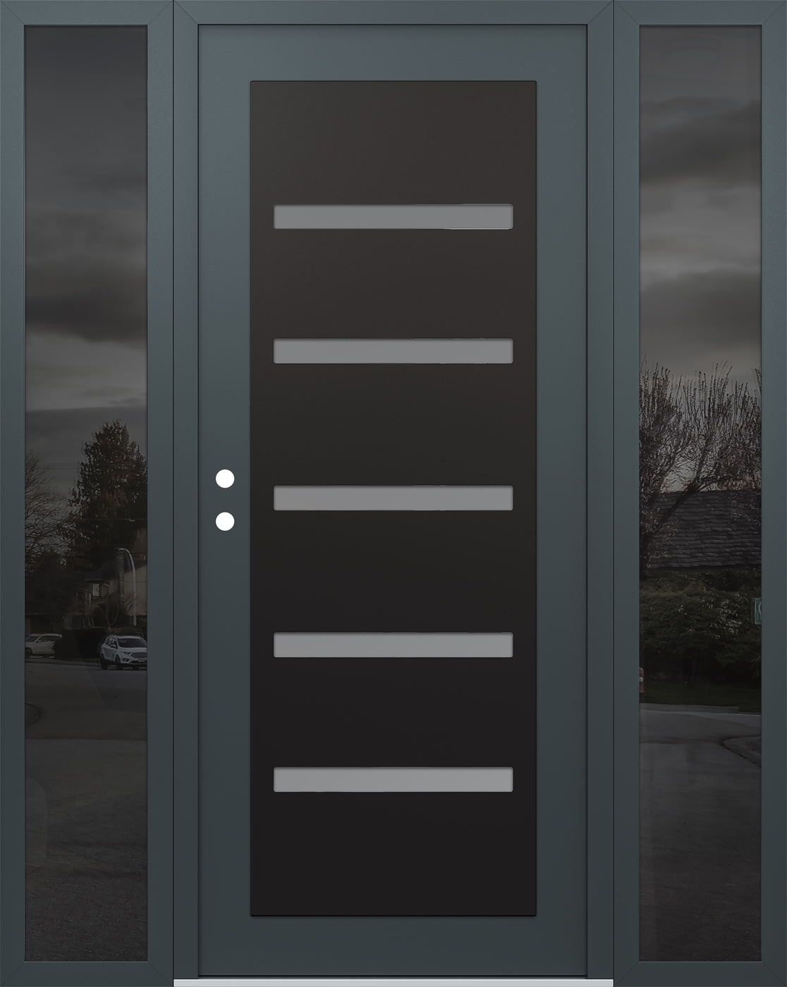 Modern Steel Front Door Diamond C7 60" x 80" anthracite/anthracite frosted Glass Panel black RHI with 2 Sidelites mirrored Glass