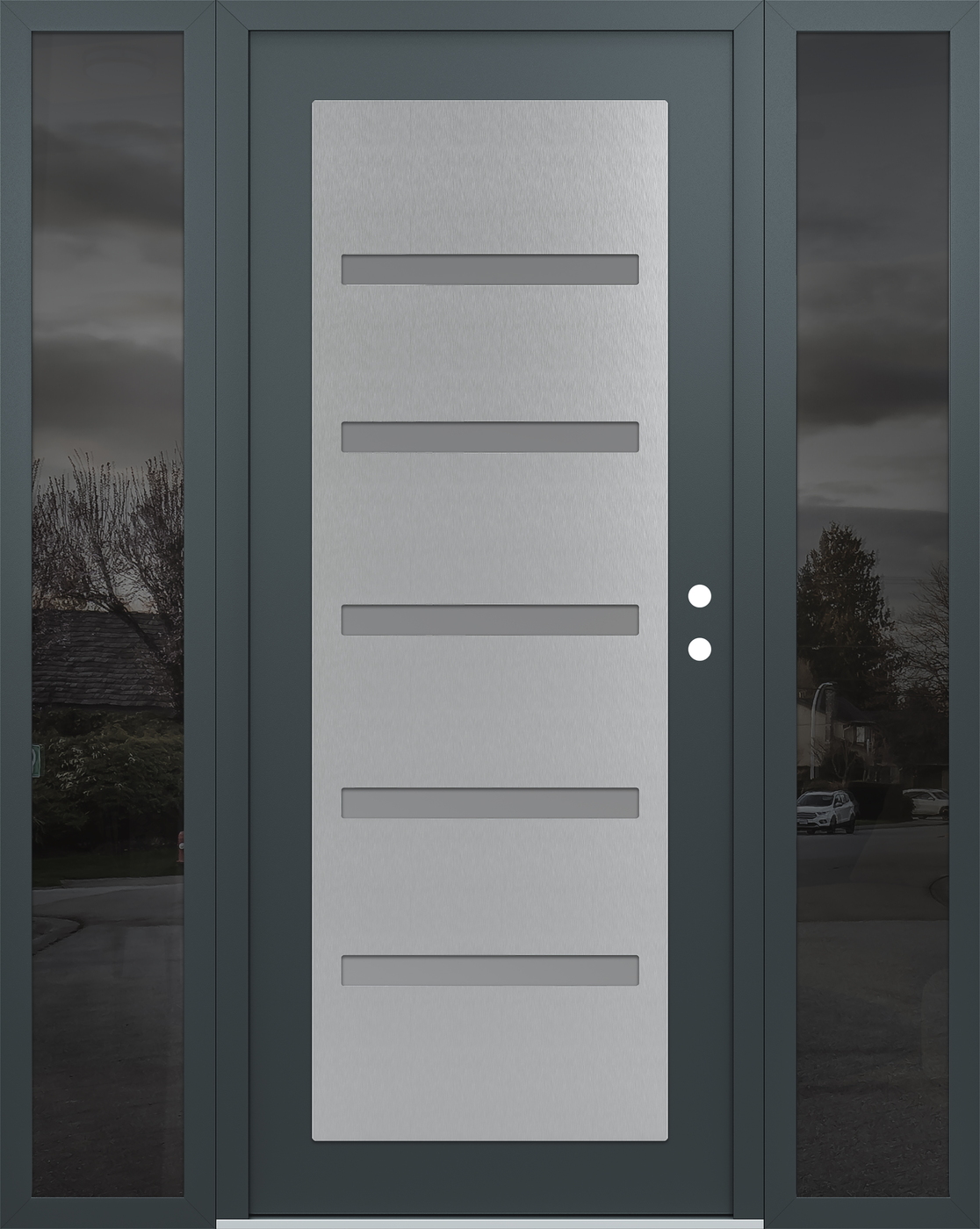 Modern Steel Front Door Diamond C7 60" x 80" anthracite/anthracite frosted Glass Panel stainless steel LHI with 2 Sidelites mirrored Glass