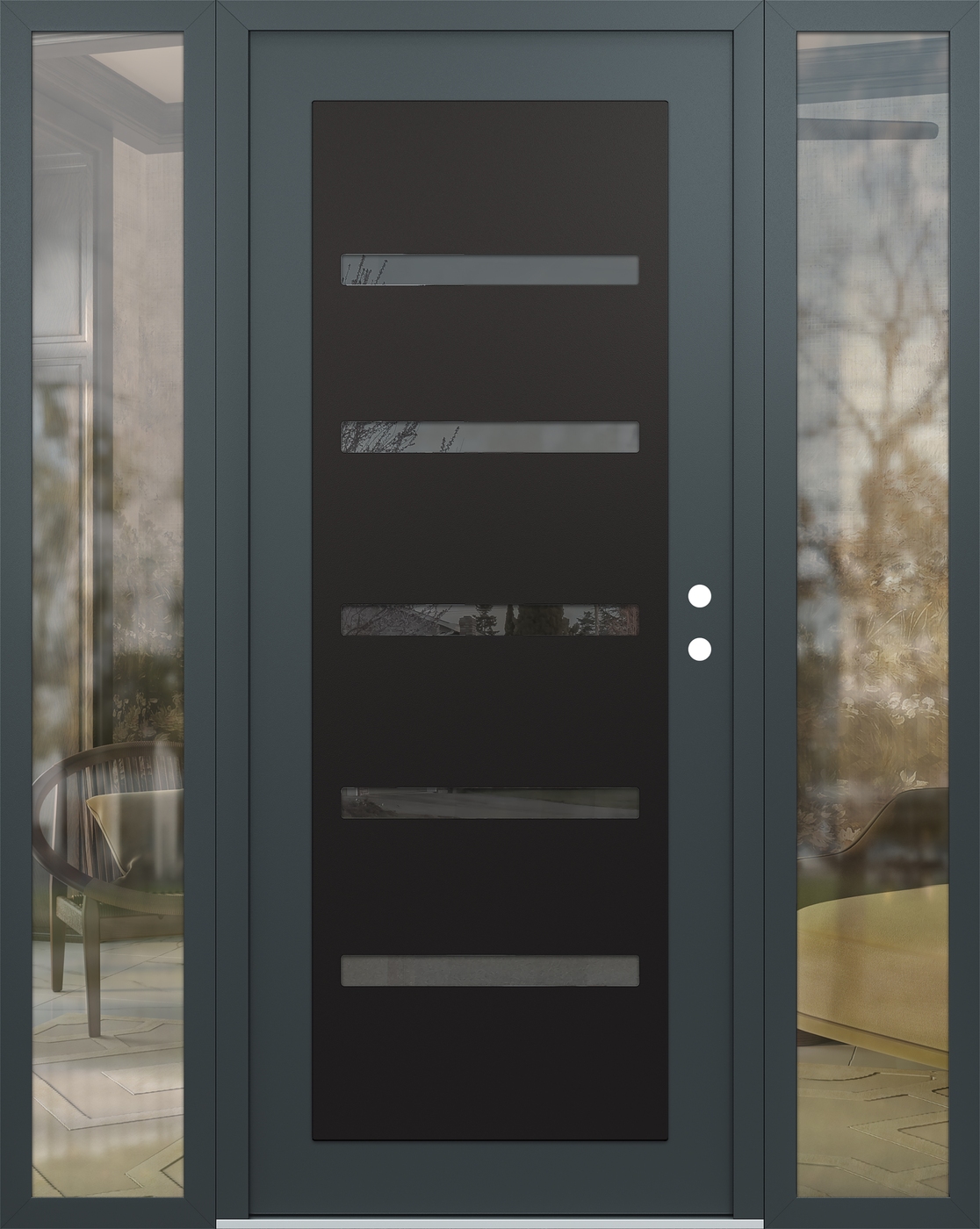 Modern Steel Front Door Diamond C7 60" x 80" anthracite/anthracite mirrored Glass Panel black LHI with 2 Sidelites clear Glass