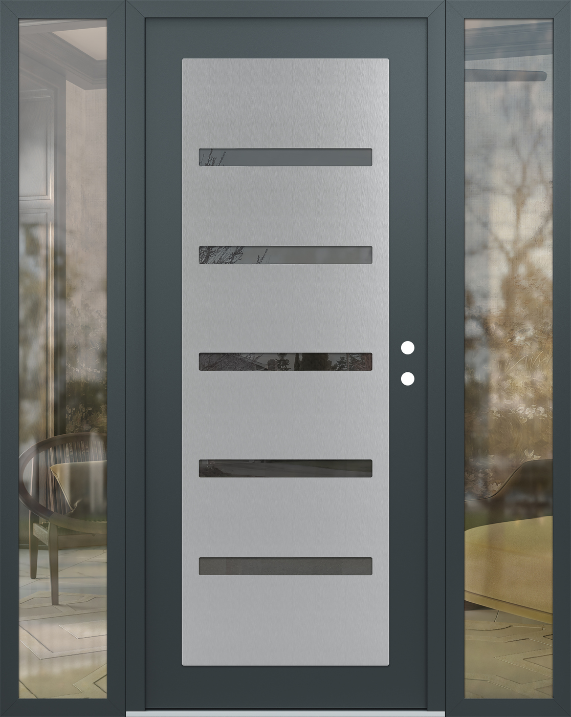 Modern Steel Front Door Diamond C7 60" x 80" anthracite/anthracite mirrored Glass Panel stainless steel LHI with 2 Sidelites clear Glass