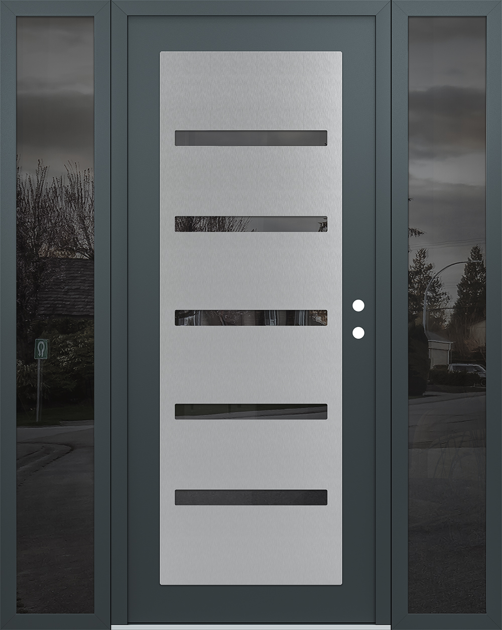 Modern Steel Front Door Diamond C7 60" x 80" anthracite/anthracite mirrored Glass Panel stainless steel LHI with 2 Sidelites mirrored Glass