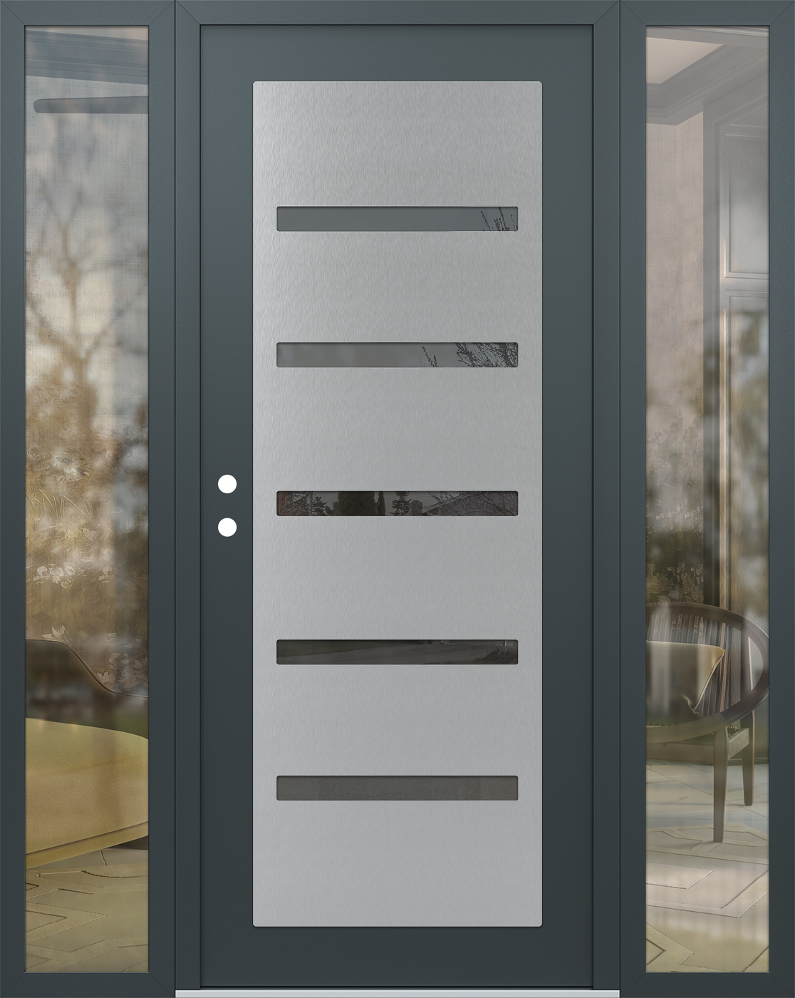 Modern Steel Front Door Diamond C7 60" x 80" anthracite/anthracite mirrored Glass Panel stainless steel RHI with 2 Sidelites clear Glass