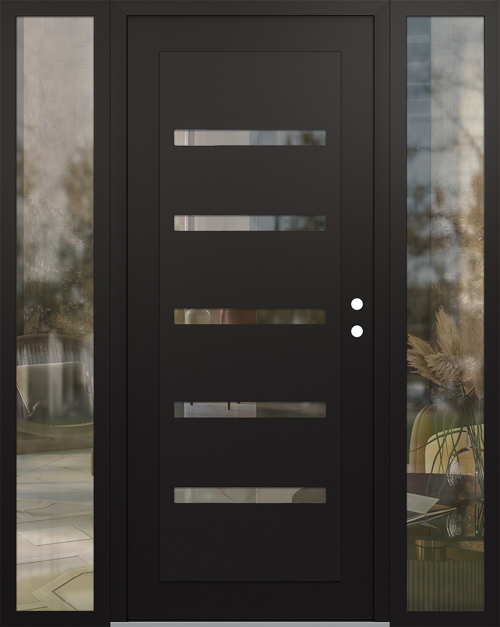 Modern Steel Front Door Diamond C7 60" x 80" black/black clear Glass Panel black LHI with 2 Sidelites clear Glass