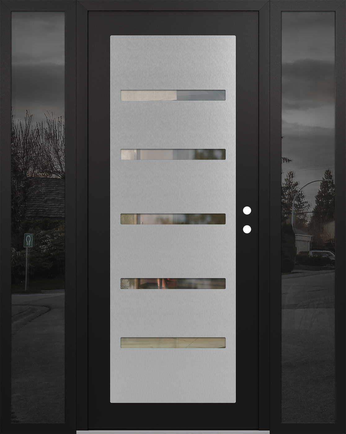 Modern Steel Front Door Diamond C7 60" x 80" black/black clear Glass Panel stainless steel LHI with 2 Sidelites mirrored Glass