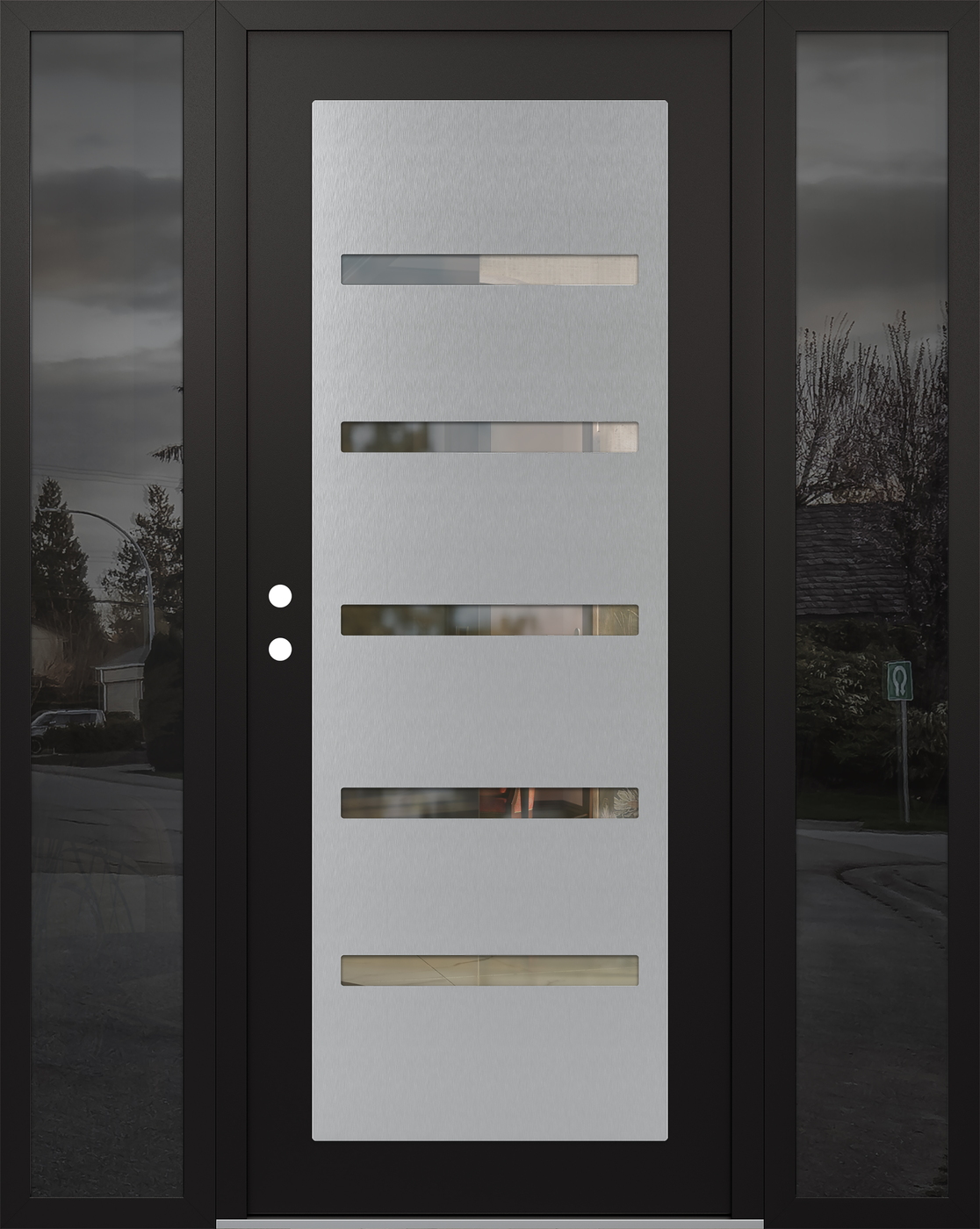 Modern Steel Front Door Diamond C7 60" x 80" black/black clear Glass Panel stainless steel RHI with 2 Sidelites mirrored Glass
