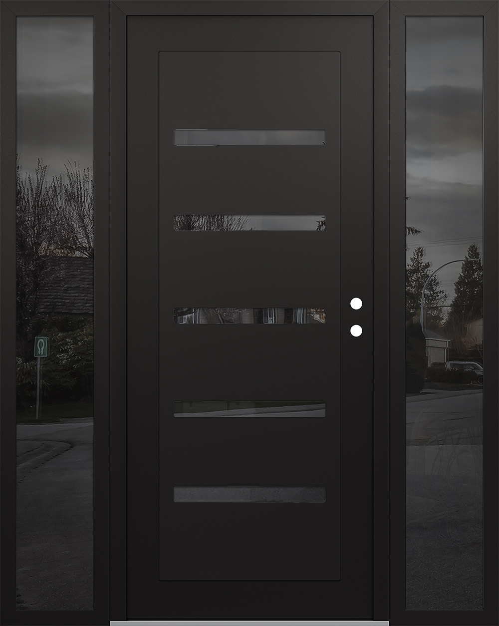 Modern Steel Front Door Diamond C7 60" x 80" black/black mirrored Glass Panel black LHI with 2 Sidelites mirrored Glass