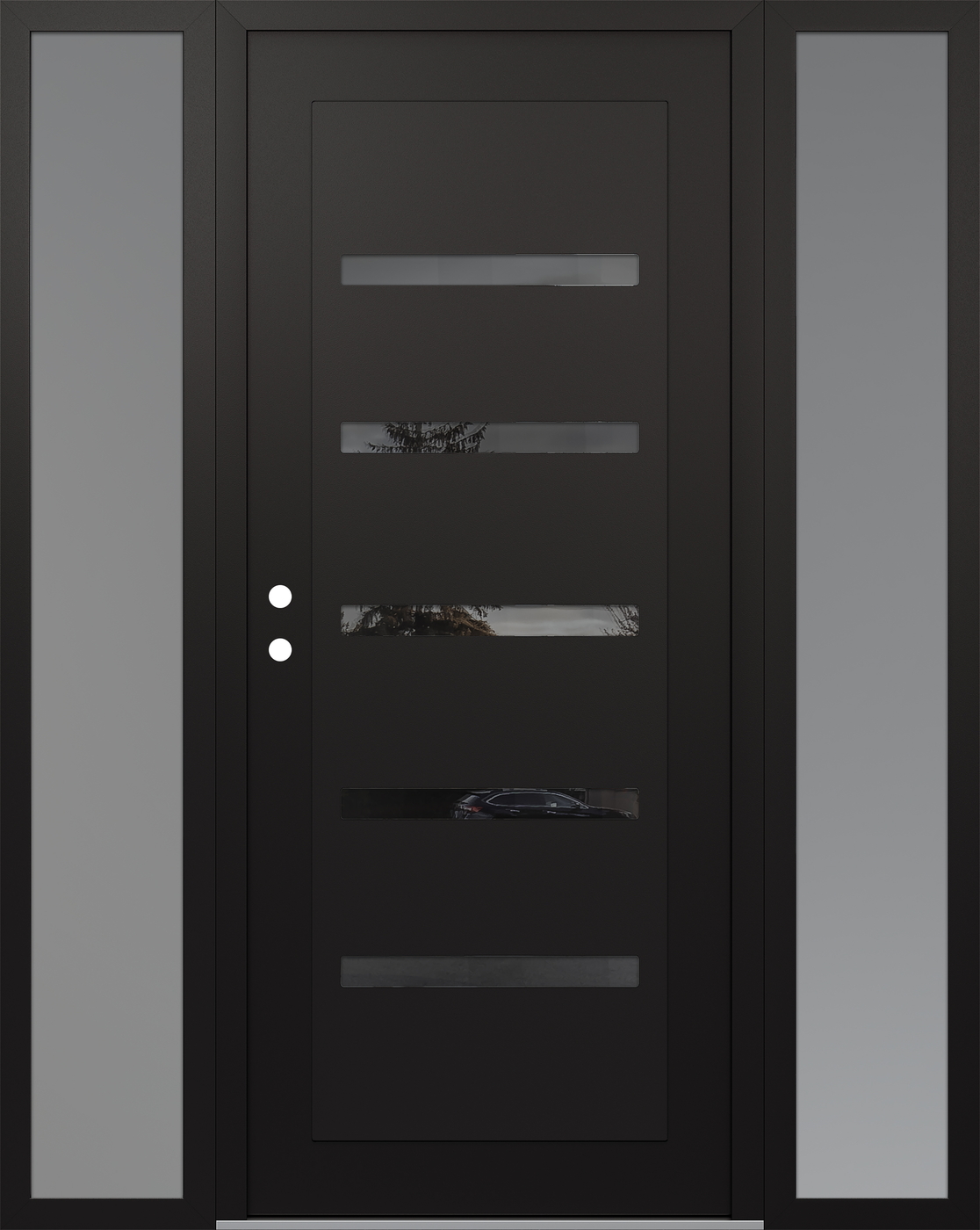 Modern Steel Front Door Diamond C7 60" x 80" black/black mirrored Glass Panel black RHI with 2 Sidelites frosted Glass