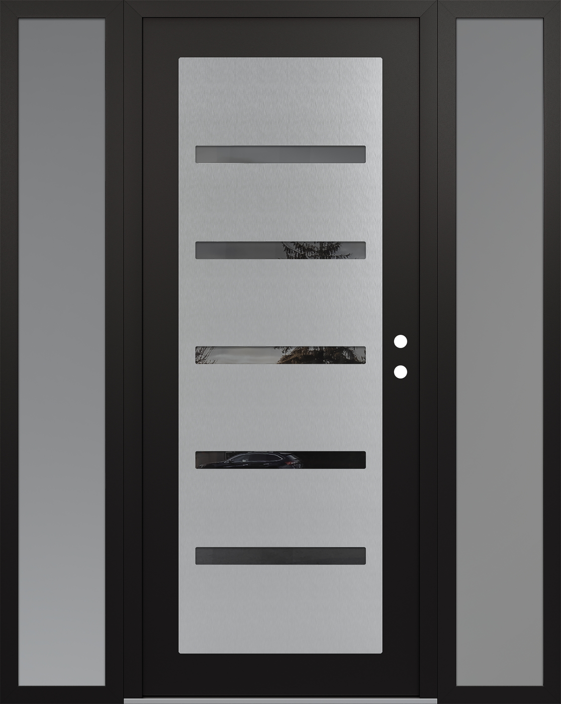 Modern Steel Front Door Diamond C7 60" x 80" black/black mirrored Glass Panel stainless steel LHI with 2 Sidelites frosted Glass