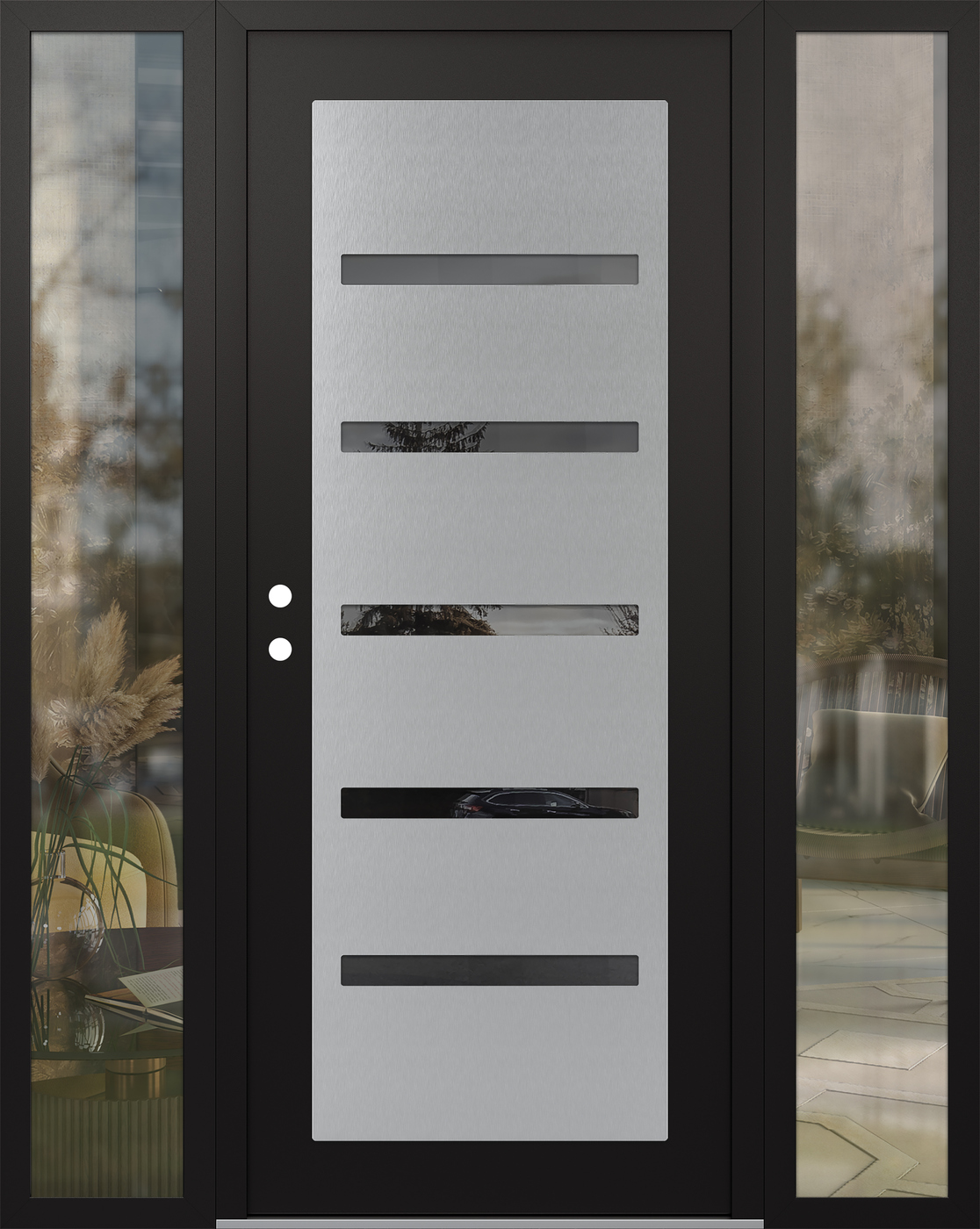 Modern Steel Front Door Diamond C7 60" x 80" black/black mirrored Glass Panel stainless steel RHI with 2 Sidelites clear Glass