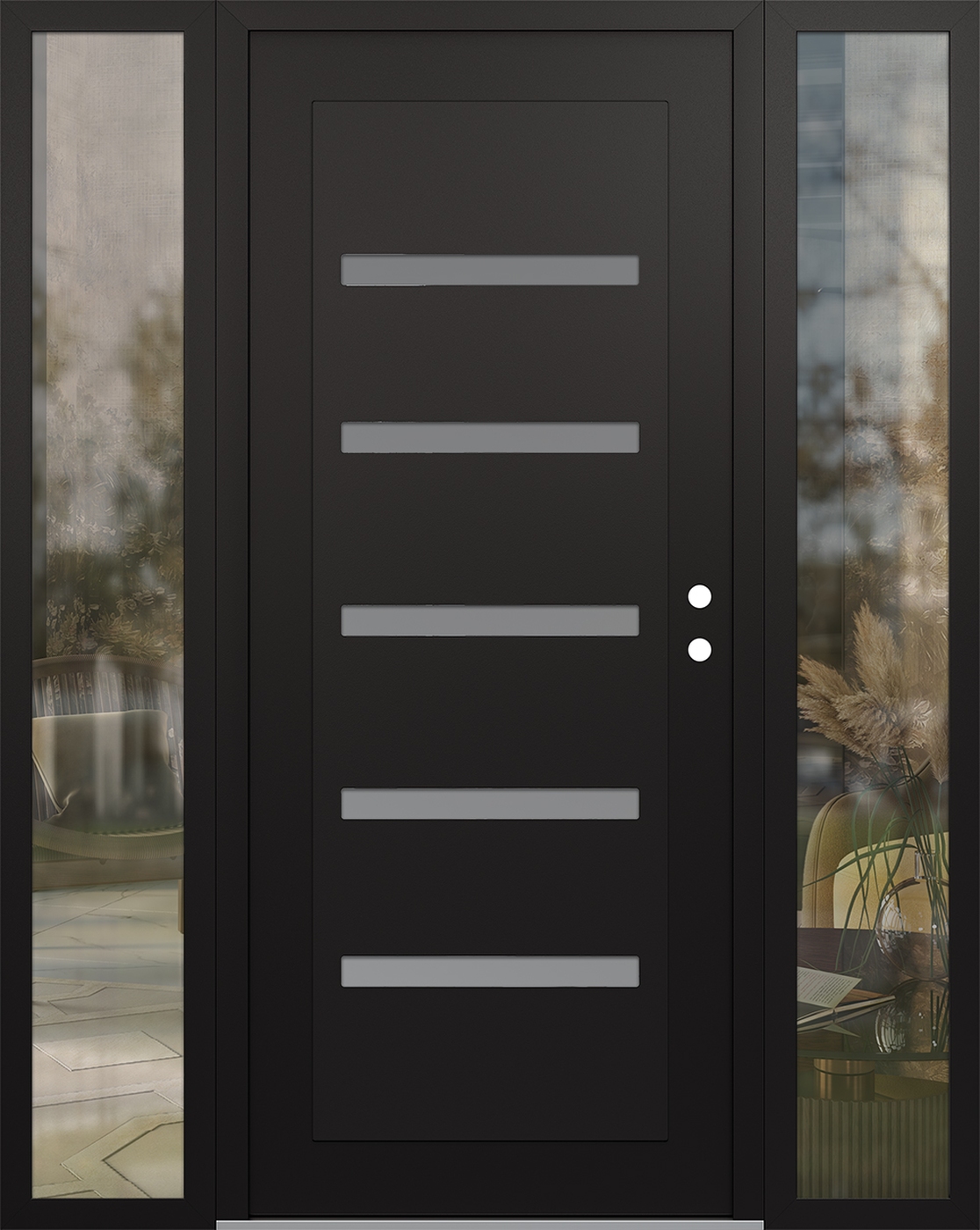 Modern Steel Front Door Diamond C7 60" x 80" black/white frosted Glass Panel black LHI with 2 Sidelites clear Glass