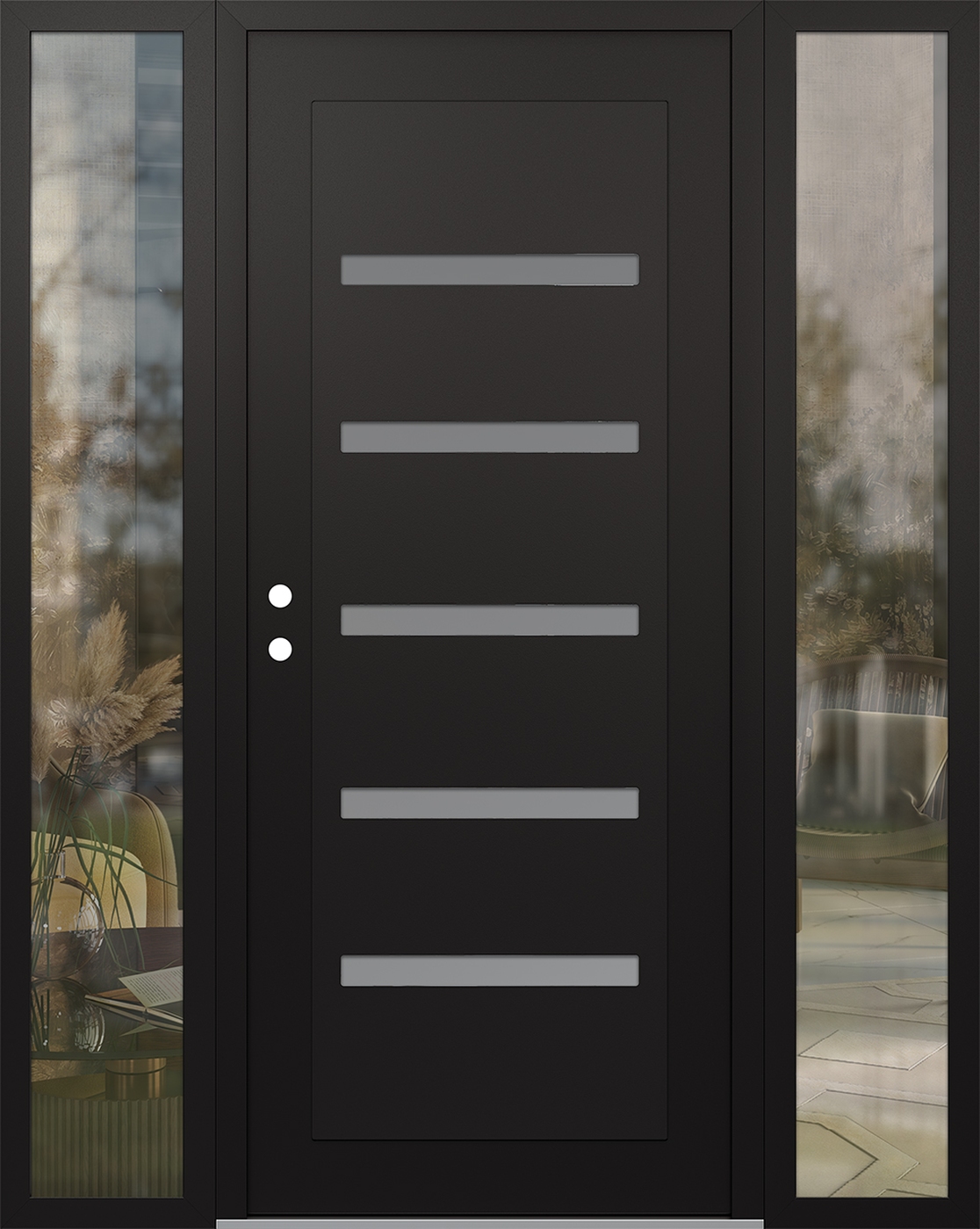 Modern Steel Front Door Diamond C7 60" x 80" black/white frosted Glass Panel black RHI with 2 Sidelites clear Glass
