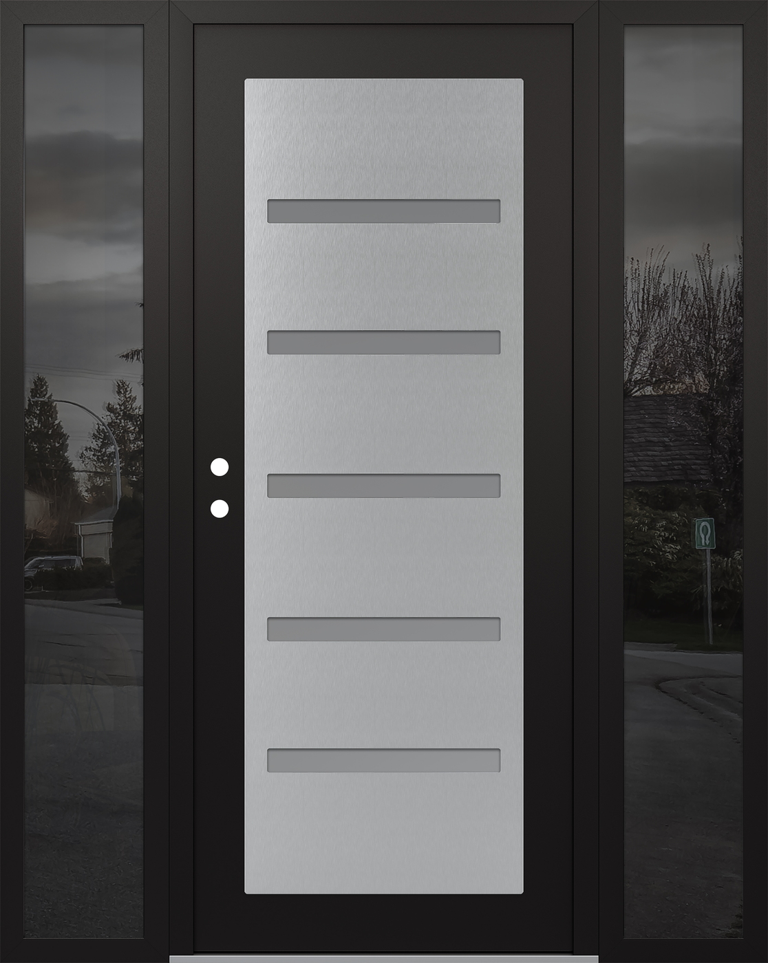 Modern Steel Front Door Diamond C7 60" x 80" black/white frosted Glass Panel stainless steel RHI with 2 Sidelites mirrored Glass